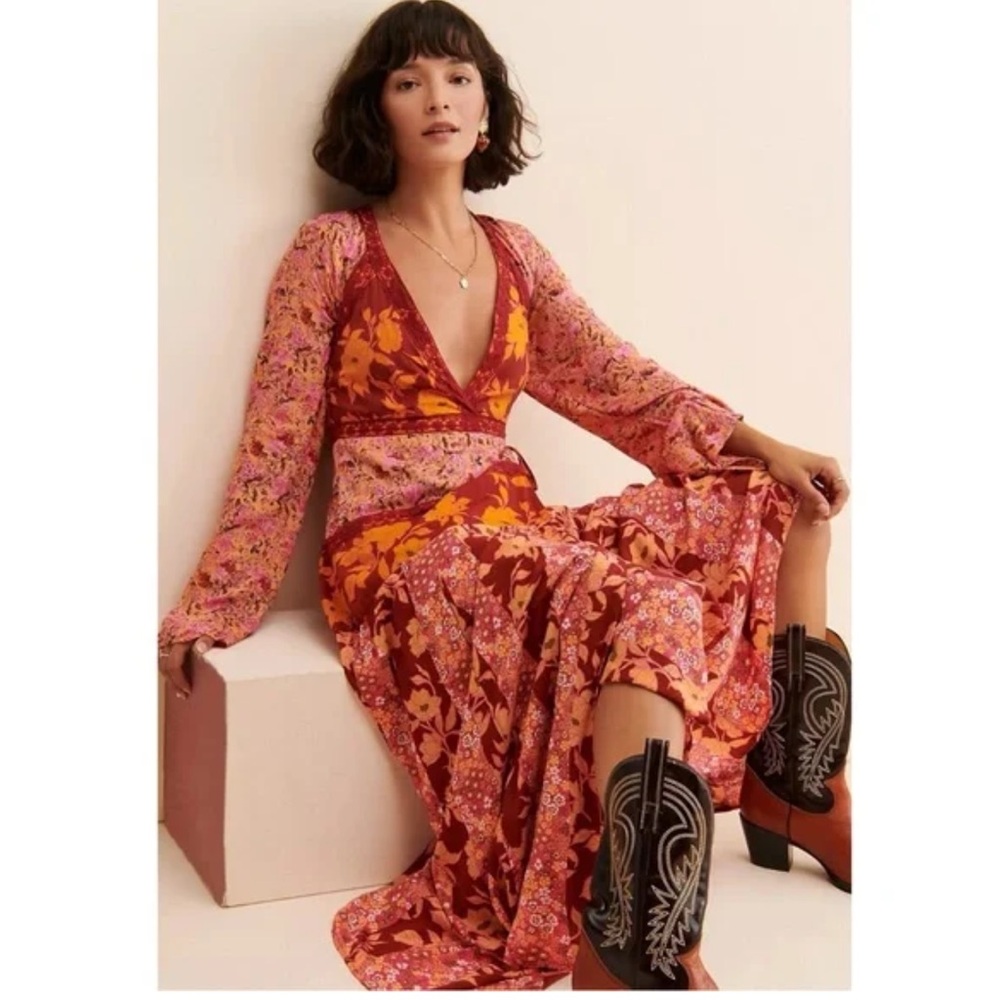 Free People Tilda pink and orange and pink maxi wrap dress with lace.Size Large